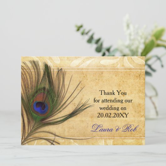 Rustic Peacock Feather bruiloft Dank u wel Kaart (Staand voorkant)