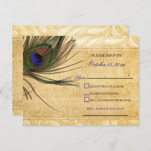 Rustic Peacock Feather bruiloft rsvp Kaart (Voorkant / Achterkant)