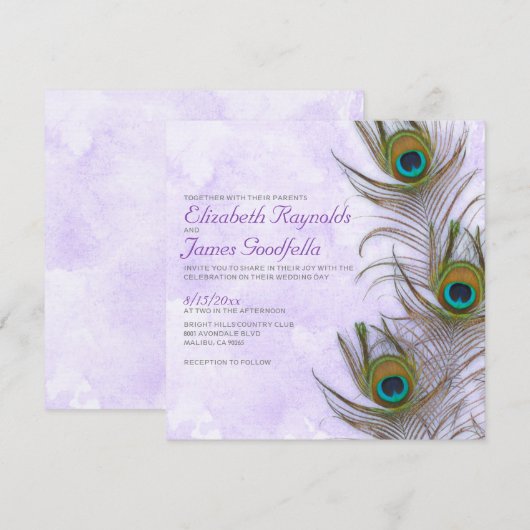 Rustic Peacock Feather Wedding Invitations Kaart (Voorkant / Achterkant)