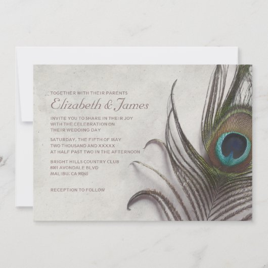 Rustic Peacock Feathers Wedding Invitations Kaart (Voorkant)