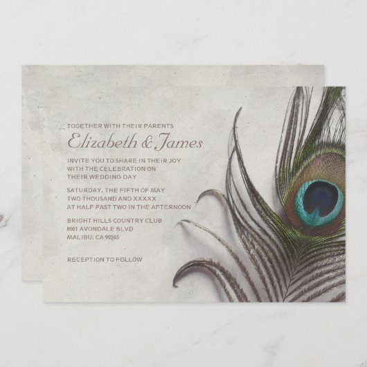 Rustic Peacock Feathers Wedding Invitations Kaart (Voorkant / Achterkant)