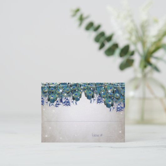 Rustic Peacock Navy Rustic Luxe Place Cards Plaatskaartje (Staand voorkant)