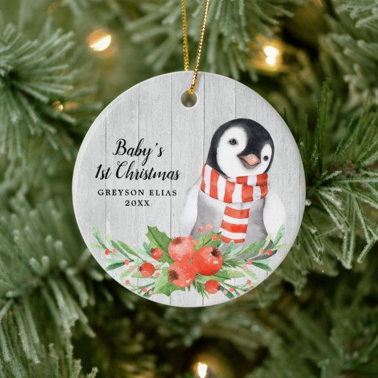 Rustic Penguin Personalized Baby's 1st Kerstmis Keramisch Ornament (Boom)
