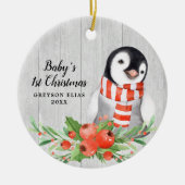 Rustic Penguin Personalized Baby's 1st Kerstmis Keramisch Ornament (Voorkant)