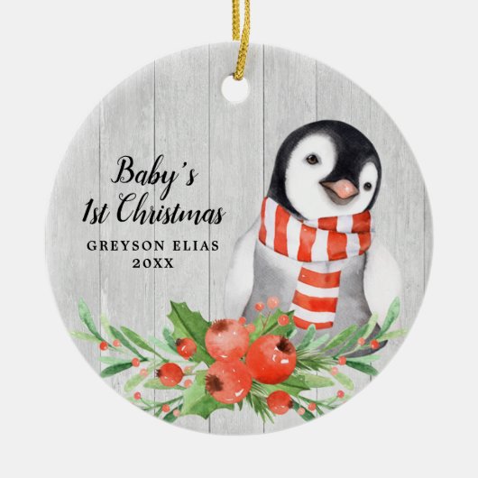 Rustic Penguin Personalized Baby's 1st Kerstmis Keramisch Ornament (Voorkant)