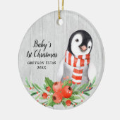 Rustic Penguin Personalized Baby's 1st Kerstmis Keramisch Ornament (Links)