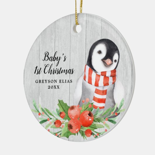 Rustic Penguin Personalized Baby's 1st Kerstmis Keramisch Ornament (Links)