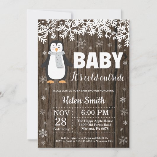 Rustic Penguin Winter Baby shower Kaart (Voorkant)