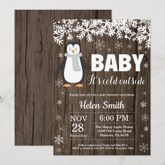 Rustic Penguin Winter Baby shower Kaart (Voorkant / Achterkant)