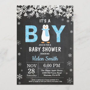 Rustic Penguin Winter Boy Baby shower Kaart