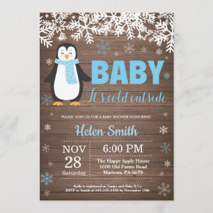 Rustic Penguin Winter Boy Baby shower Kaart