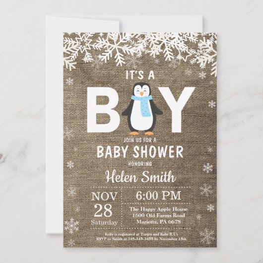Rustic Penguin Winter Boy Baby shower Kaart (Voorkant)