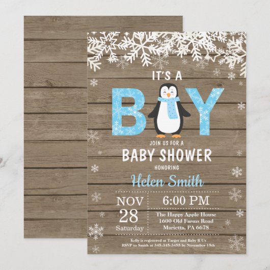 Rustic Penguin Winter Boy Baby shower Kaart (Voorkant / Achterkant)