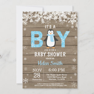 Rustic Penguin Winter Boy Baby shower Kaart