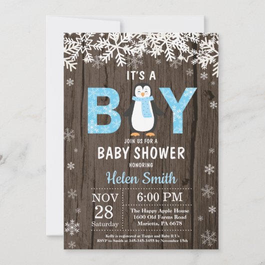 Rustic Penguin Winter Boy Baby shower Kaart (Voorkant)