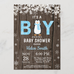 Rustic Penguin Winter Boy Baby shower Kaart