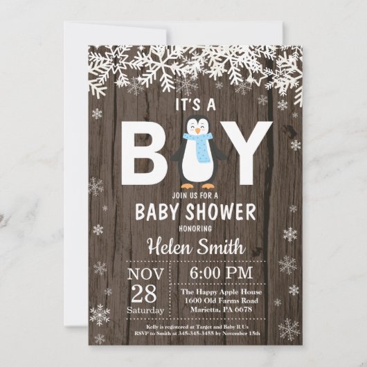 Rustic Penguin Winter Boy Baby shower Kaart (Voorkant)