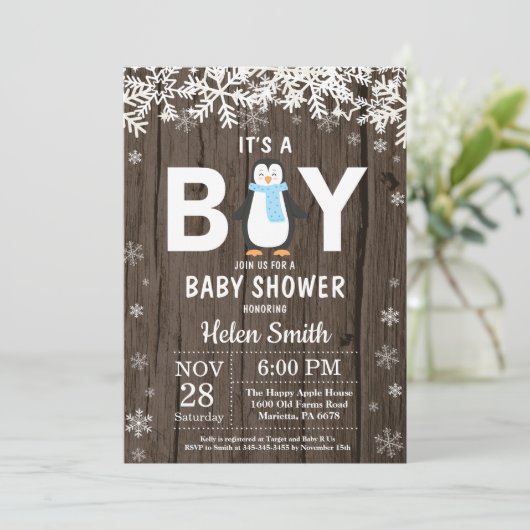 Rustic Penguin Winter Boy Baby shower Kaart (Staand voorkant)