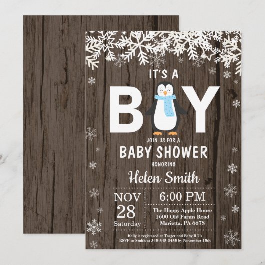 Rustic Penguin Winter Boy Baby shower Kaart (Voorkant / Achterkant)
