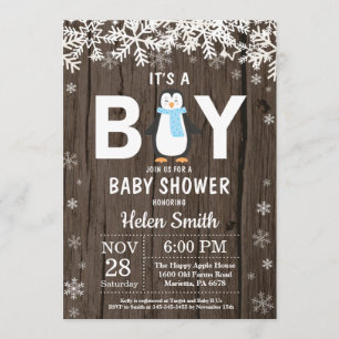 Rustic Penguin Winter Boy Baby shower Kaart