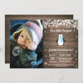 Rustic Penguin Winter Boy Birthday Foto Kaart (Voorkant / Achterkant)