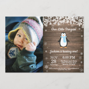 Rustic Penguin Winter Boy Birthday Foto Kaart