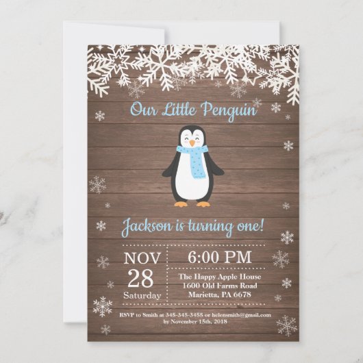 Rustic Penguin Winter Boy Birthday Uitnodiging (Voorkant)