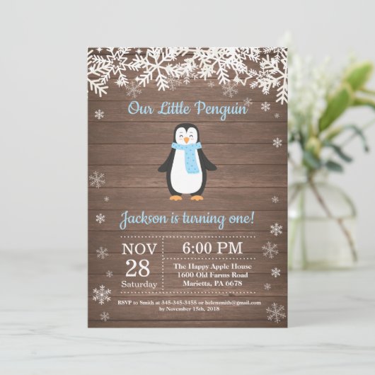 Rustic Penguin Winter Boy Birthday Uitnodiging (Staand voorkant)