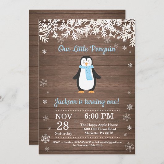 Rustic Penguin Winter Boy Birthday Uitnodiging (Voorkant / Achterkant)