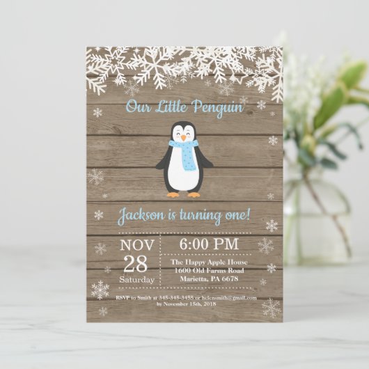 Rustic Penguin Winter Boy Birthday Uitnodiging (Staand voorkant)