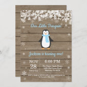 Rustic Penguin Winter Boy Birthday Uitnodiging (Voorkant / Achterkant)