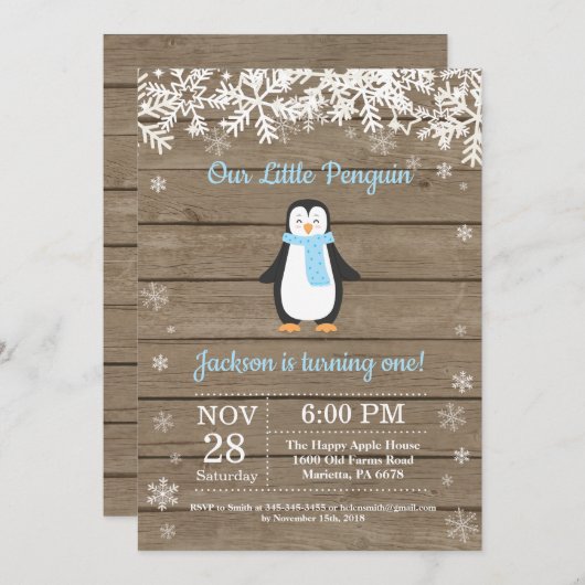 Rustic Penguin Winter Boy Birthday Uitnodiging (Voorkant / Achterkant)