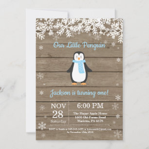 Rustic Penguin Winter Boy Birthday Uitnodiging