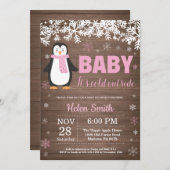 Rustic Penguin Winter Girl Baby shower Invitation Kaart (Voorkant / Achterkant)