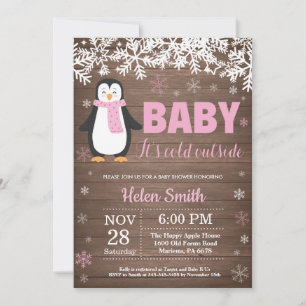 Rustic Penguin Winter Girl Baby shower Kaart