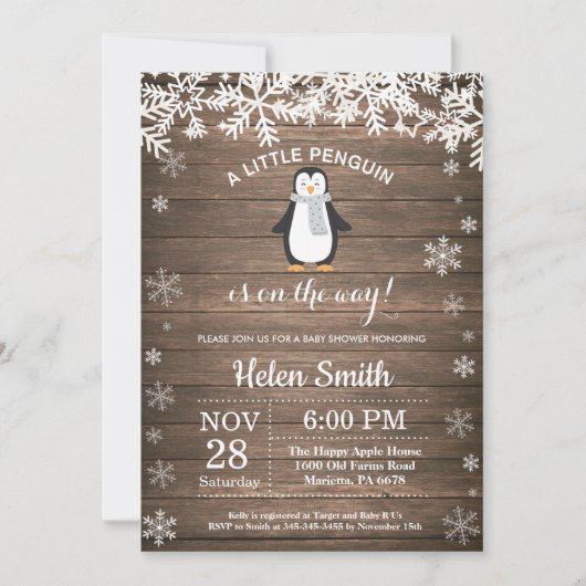 Rustic Penguin Winter Snowflake Baby shower Kaart (Voorkant)
