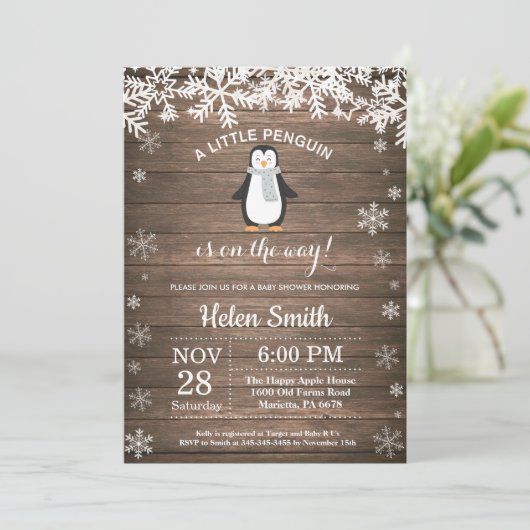 Rustic Penguin Winter Snowflake Baby shower Kaart (Staand voorkant)