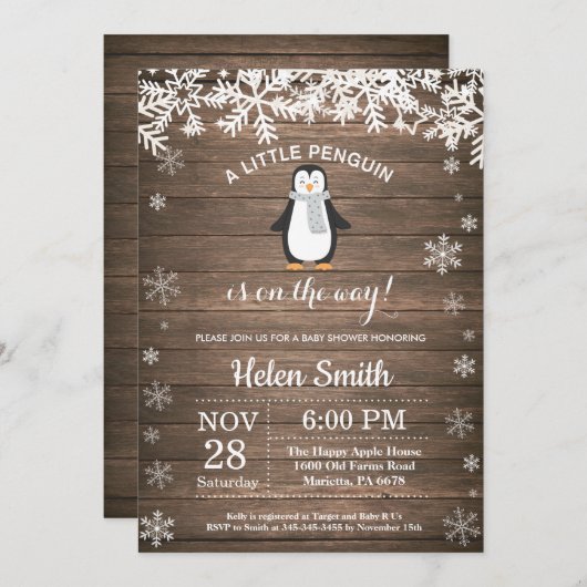 Rustic Penguin Winter Snowflake Baby shower Kaart (Voorkant / Achterkant)