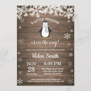 Rustic Penguin Winter Snowflake Baby shower Kaart