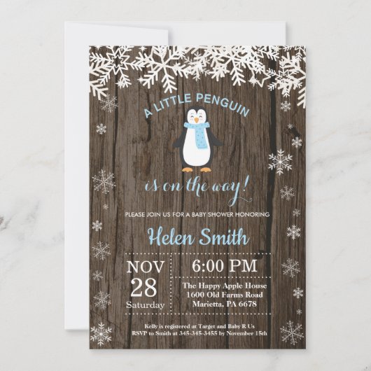 Rustic Penguin Winter Snowflake Boy Baby shower Kaart (Voorkant)