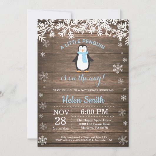 Rustic Penguin Winter Snowflake Boy Baby shower Kaart (Voorkant)