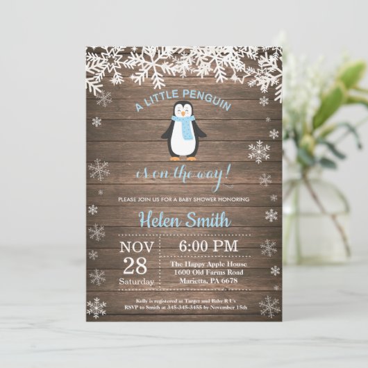 Rustic Penguin Winter Snowflake Boy Baby shower Kaart (Staand voorkant)