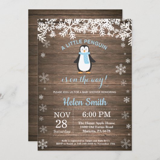 Rustic Penguin Winter Snowflake Boy Baby shower Kaart (Voorkant / Achterkant)