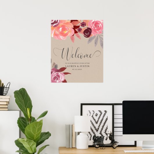Rustic Peonies Elegant Script Weddenschap Welkom Poster (Thuiskantoor)
