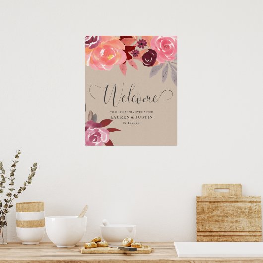 Rustic Peonies Elegant Script Weddenschap Welkom Poster (Keuken)