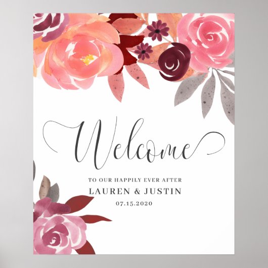 Rustic Peonies Elegant Script Weddenschap Welkom Poster (Voorkant)