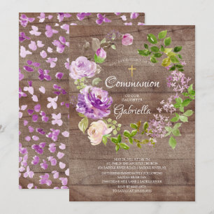 Rustic Peonies Floral Wreath Communie Uitnodiging