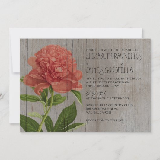 Rustic Peonies Wedding Invitations Kaart (Voorkant)