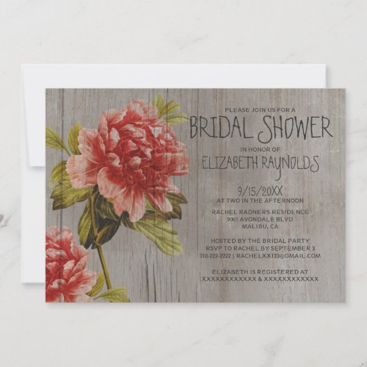 Rustic Peony Bridal Shower Invitations Kaart (Voorkant)