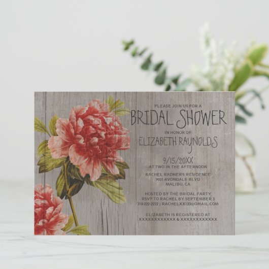 Rustic Peony Bridal Shower Invitations Kaart (Staand voorkant)